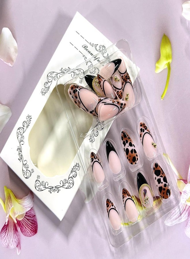 CJDLTS 24Pcs French Black Leopard Print Press on Nails Medium Artificial Almond Acrylic Fake Nails Gold Beads Stick on Nail Full Cover Metal Chain Reusable Coffin Artificial Fingernails for Women Manicure - Image 4